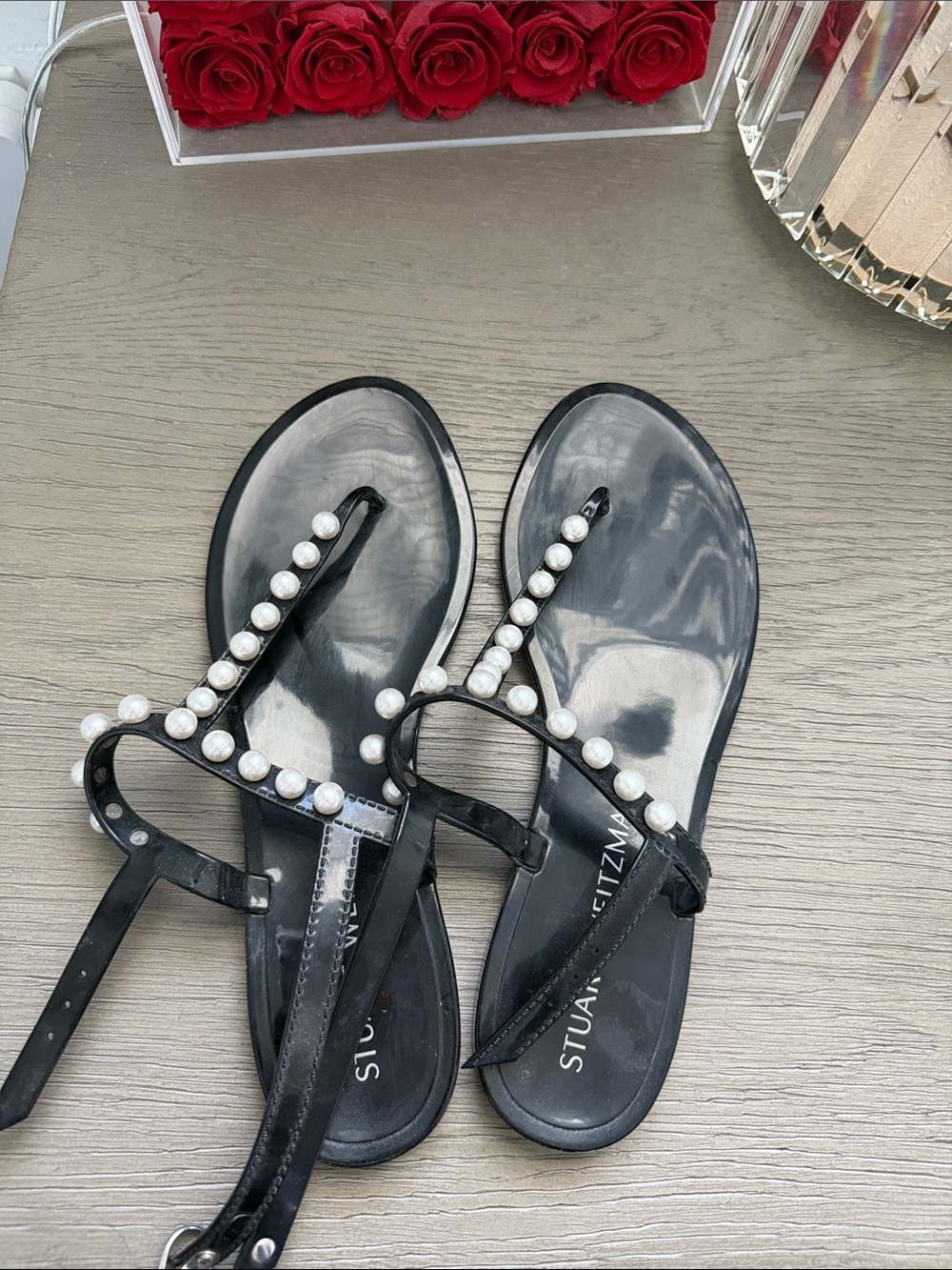 Stuart Weitzman Black Pearl-Trim T-Strap Sandals